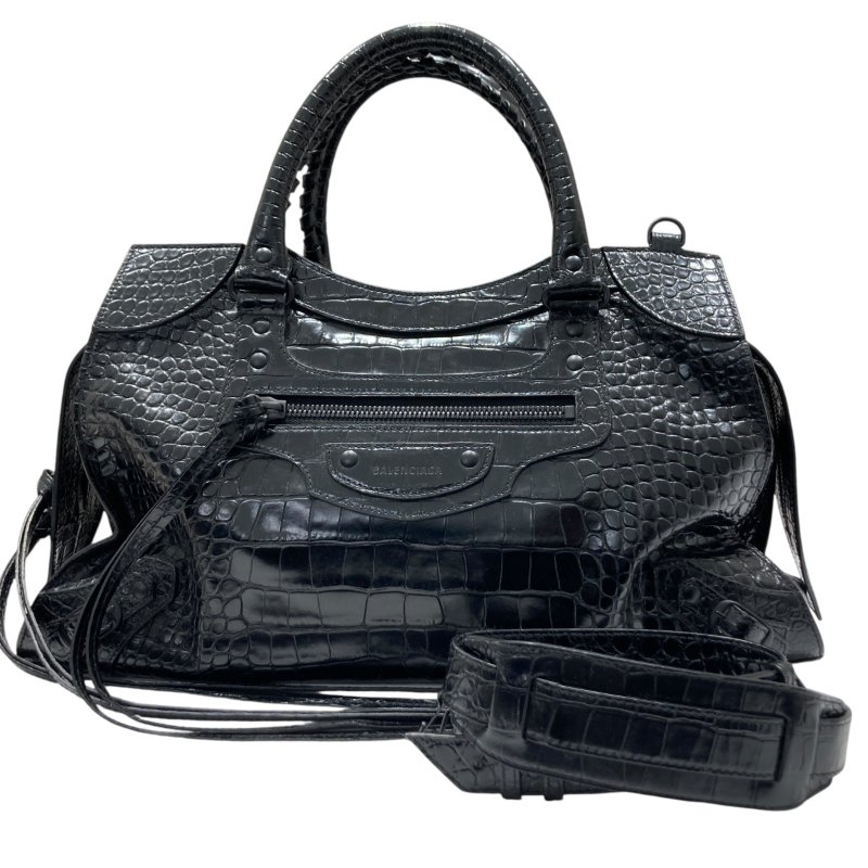 BALENCIAGA 巴黎世家 MEDIUM NEO CLASSIC 機車包 手提包 肩背包 鱷魚皮壓紋 黑色 黑釦-0