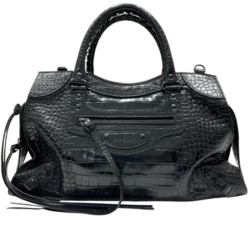 BALENCIAGA 巴黎世家 MEDIUM NEO CLASSIC 機車包 手提包 肩背包 鱷魚皮壓紋 黑色 黑釦-1