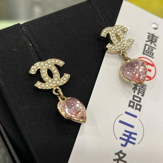 東區正精品㊣CHANEL AB9100 近全新香奈兒金色雙C珍珠愛心粉晶吊墜耳環 RZ6245-1