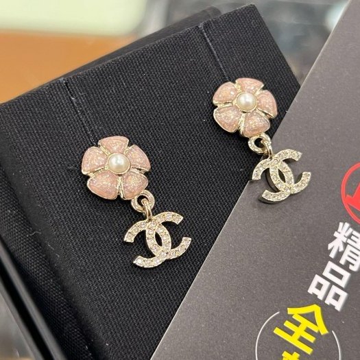 東區正精品㊣CHANEL ABG900 全新香奈兒粉色小花金色雙C珍珠吊墜耳環 RZ6246-4