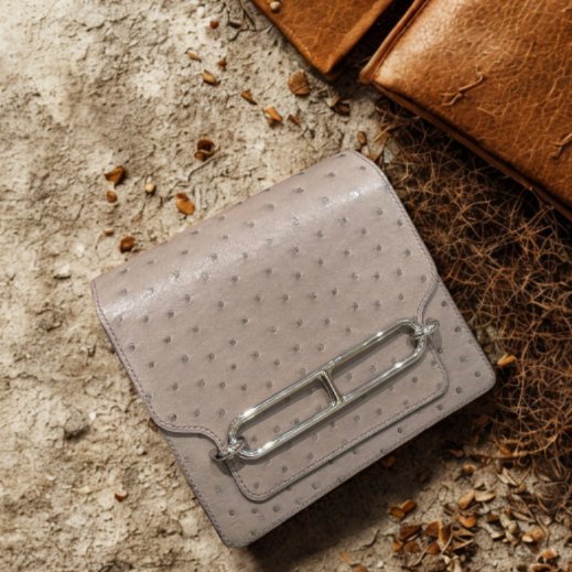 【極美天菜】HERMES 19CM ROULIS 豬鼻子包 鴕鳥皮 灰-0