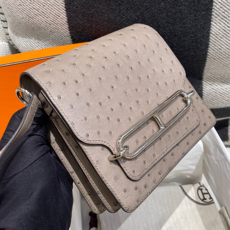 【極美天菜】HERMES 19CM ROULIS 豬鼻子包 鴕鳥皮 灰-1