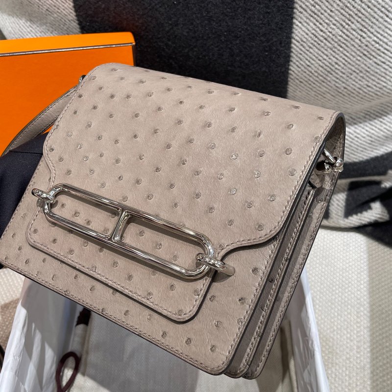 【極美天菜】HERMES 19CM ROULIS 豬鼻子包 鴕鳥皮 灰-2