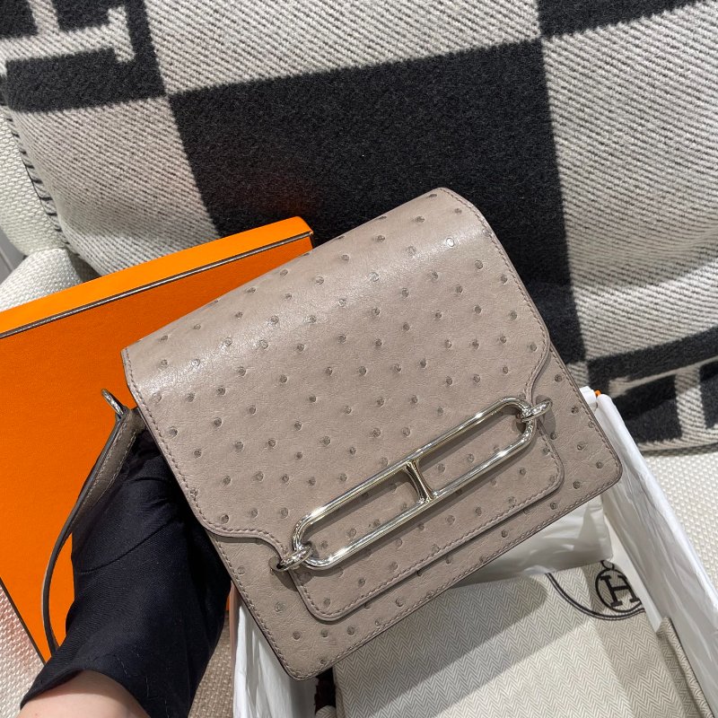 【極美天菜】HERMES 19CM ROULIS 豬鼻子包 鴕鳥皮 灰-3