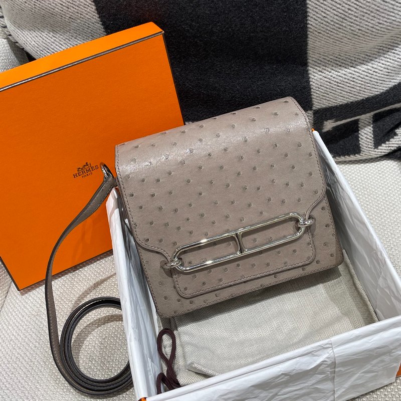 【極美天菜】HERMES 19CM ROULIS 豬鼻子包 鴕鳥皮 灰-4
