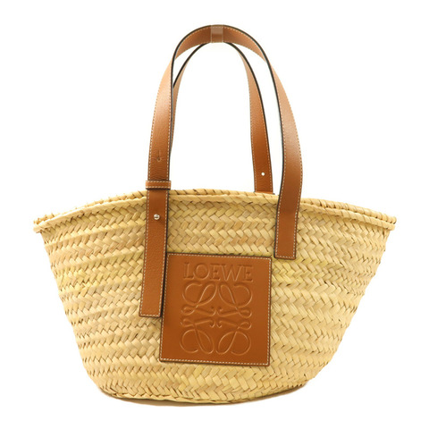 LOEWE Raffia Leather Trimmed Basket Bag銀扣肩背袋
