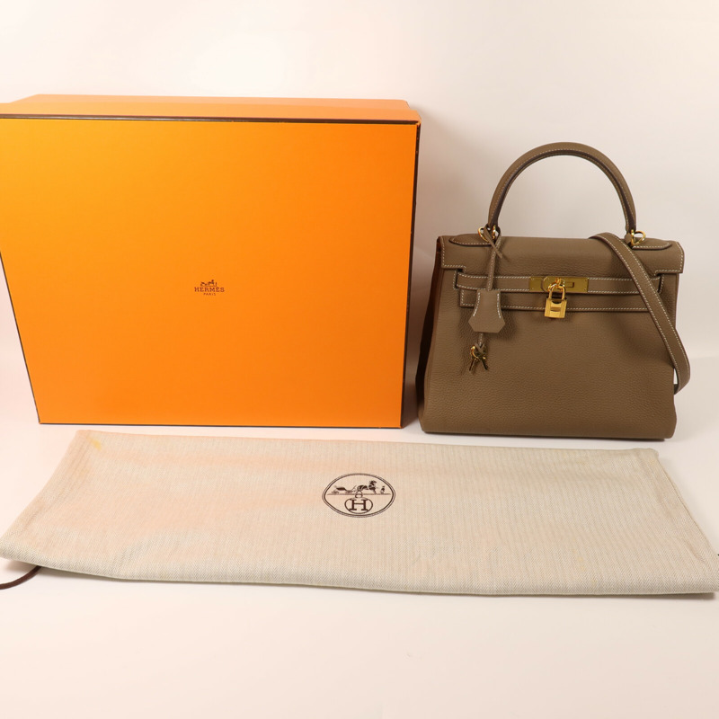 HERMES Togo皮革Kelly 28金扣手挽肩背兩用袋Etoupe-9
