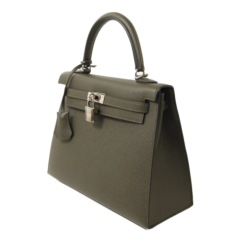 HERMES Epsom皮革Kelly 25銀扣手挽肩背兩用袋Vert de Gris-2