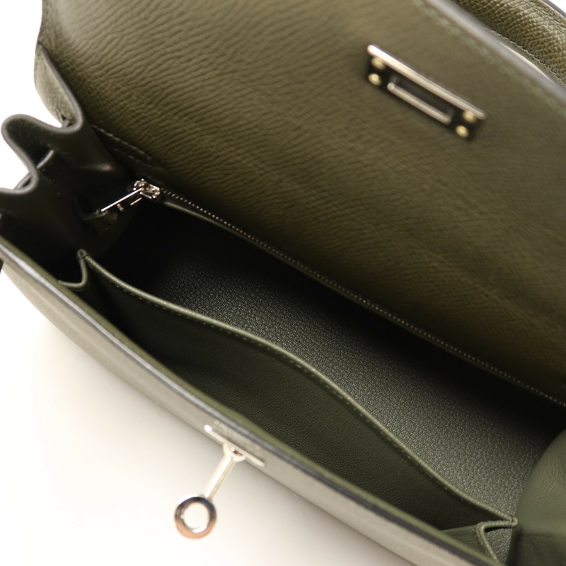 HERMES Epsom皮革Kelly 25銀扣手挽肩背兩用袋Vert de Gris-4