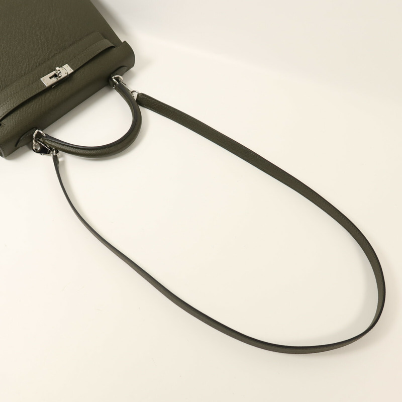 HERMES Epsom皮革Kelly 25銀扣手挽肩背兩用袋Vert de Gris-8