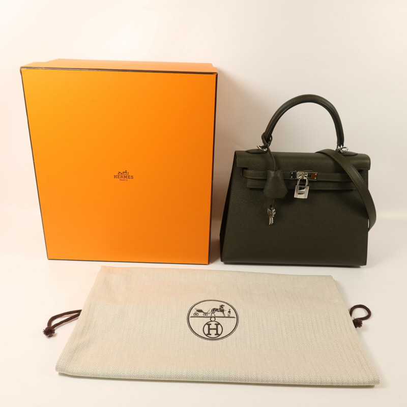 HERMES Epsom皮革Kelly 25銀扣手挽肩背兩用袋Vert de Gris-9