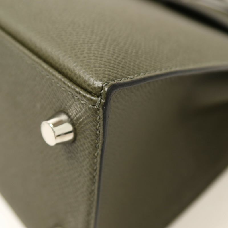 HERMES Epsom皮革Kelly 25銀扣手挽肩背兩用袋Vert de Gris-11