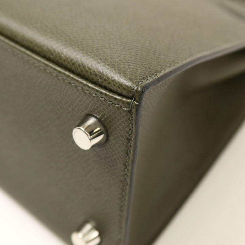 HERMES Epsom皮革Kelly 25銀扣手挽肩背兩用袋Vert de Gris-13