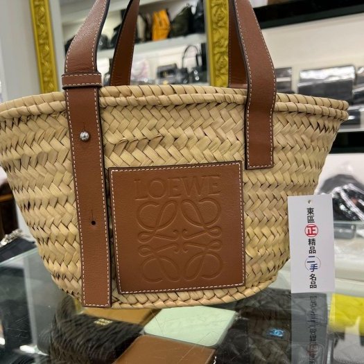 東區正精品㊣LOEWE Basket Natural Tan 咖啡皮革草編編織手提包沙灘包 RZ6242-1