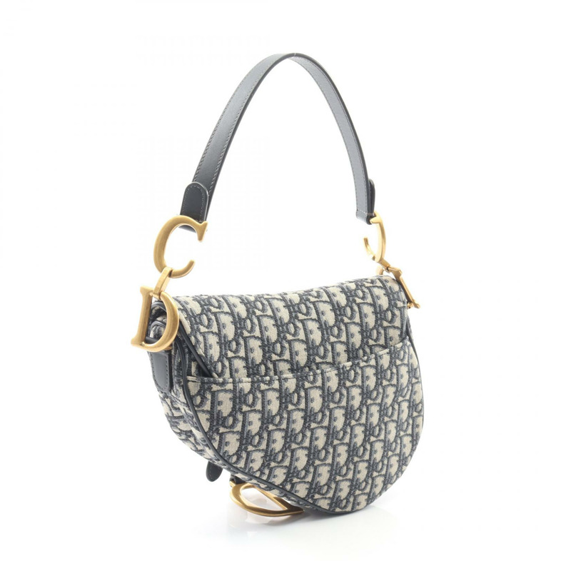 Christian Dior 馬鞍包 帆布皮革 米色 海軍藍 二手 女士-1