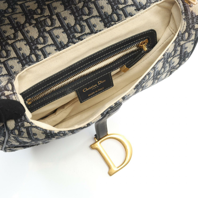 Christian Dior 馬鞍包 帆布皮革 米色 海軍藍 二手 女士-2