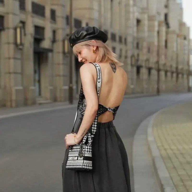 Dior lady 三格千鳥格黛妃包 經典黑白款17*14 98新肩帶塵袋-1