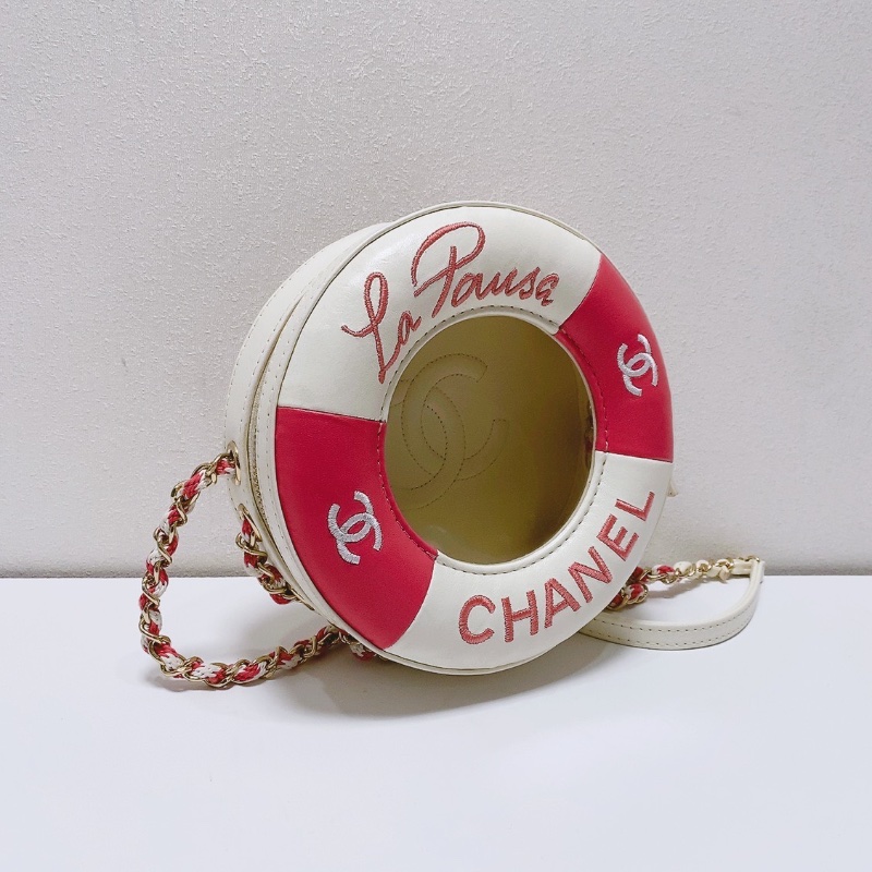 Chanel游泳圈粉色拼白刺繡鏈條包18*6 98新配件塵袋-2