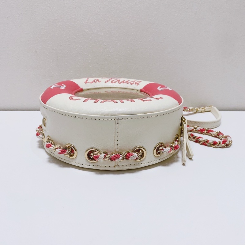 Chanel游泳圈粉色拼白刺繡鏈條包18*6 98新配件塵袋-3
