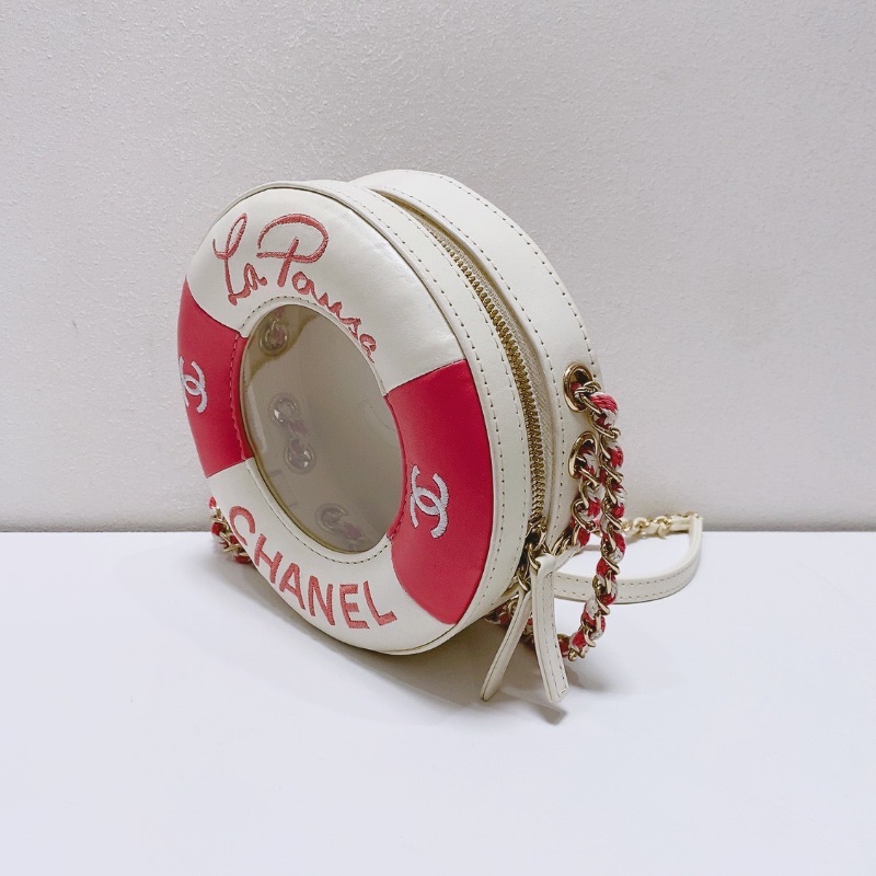 Chanel游泳圈粉色拼白刺繡鏈條包18*6 98新配件塵袋-4