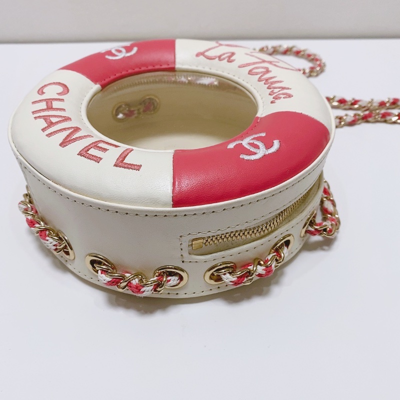 Chanel游泳圈粉色拼白刺繡鏈條包18*6 98新配件塵袋-6