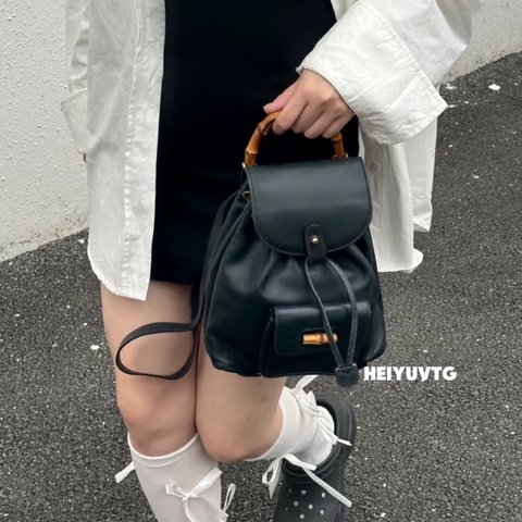 GucciBamboo竹節後背包小號黑金 竹節紐扣21*24*7 98新配件塵袋