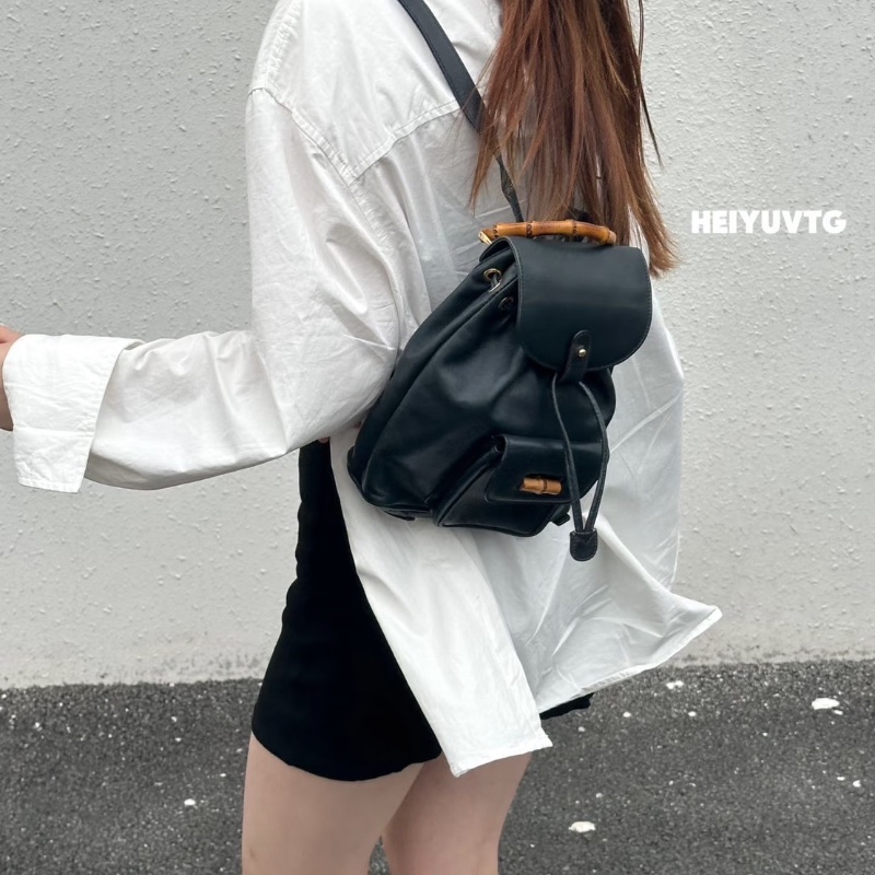 GucciBamboo竹節後背包小號黑金 竹節紐扣21*24*7 98新配件塵袋-1