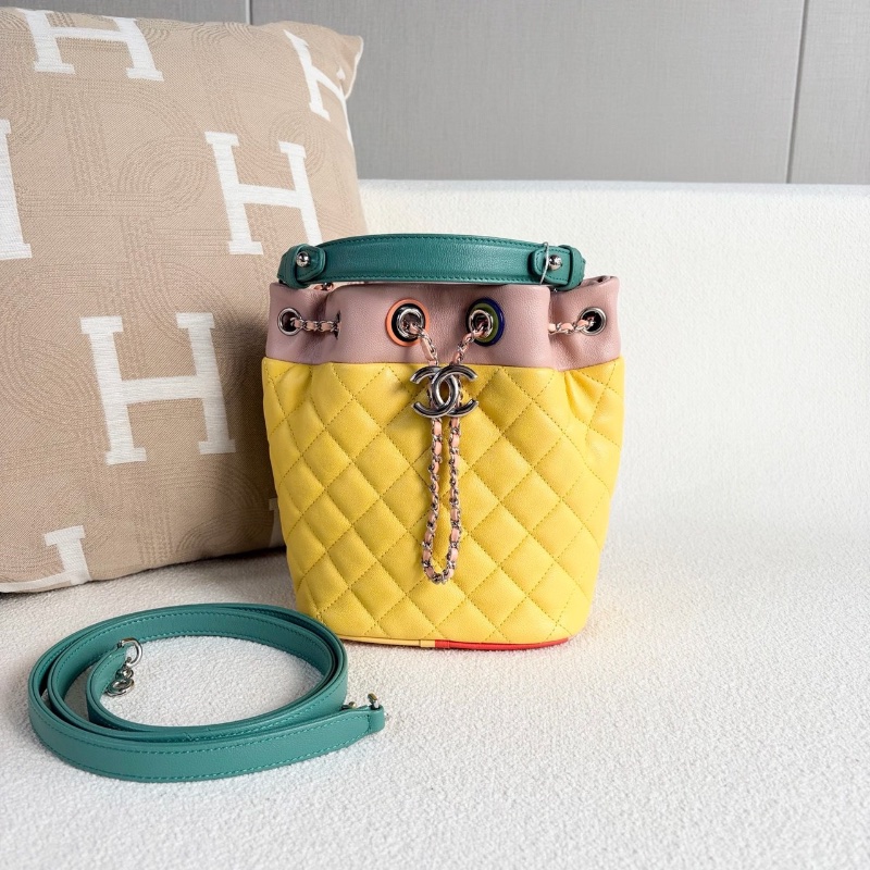 Chanel 拼色抽繩水桶包 牛皮 銀扣16*20*12 99新肩帶塵袋-2