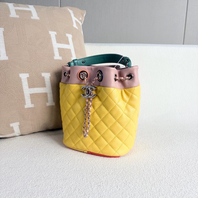 Chanel 拼色抽繩水桶包 牛皮 銀扣16*20*12 99新肩帶塵袋-4