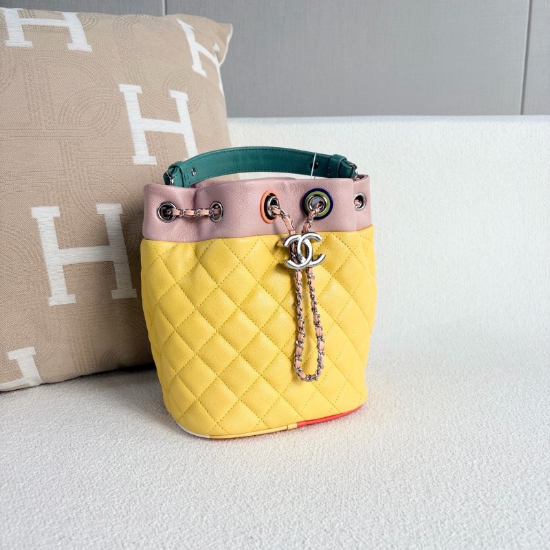 Chanel 拼色抽繩水桶包 牛皮 銀扣16*20*12 99新肩帶塵袋-6