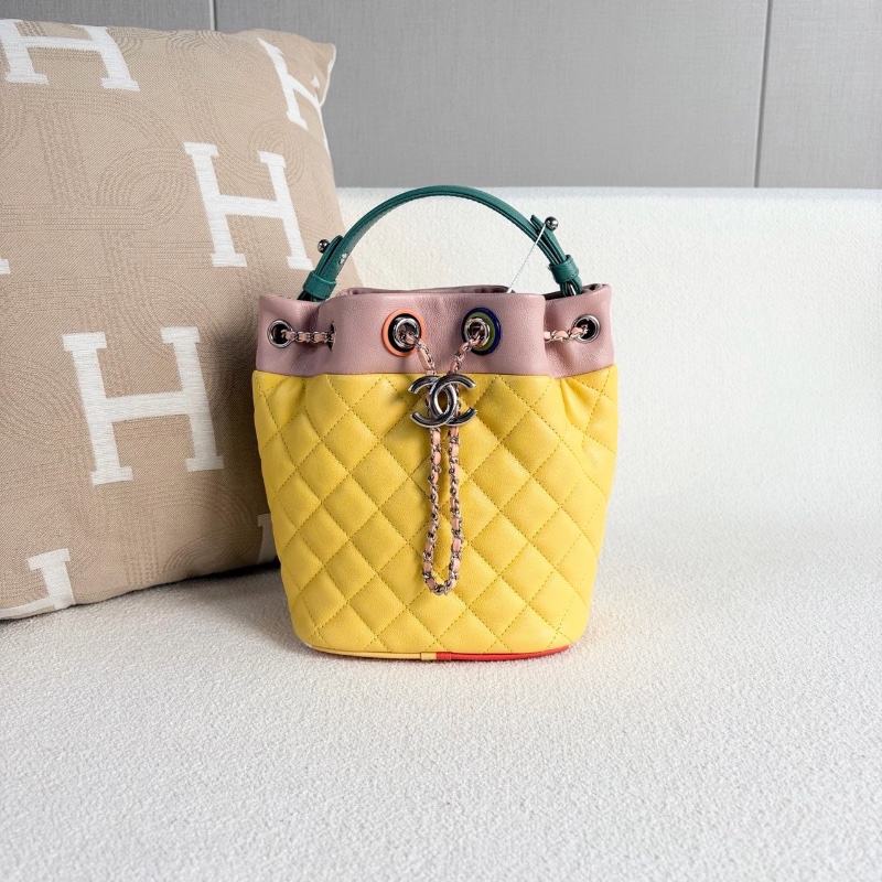 Chanel 拼色抽繩水桶包 牛皮 銀扣16*20*12 99新肩帶塵袋-7