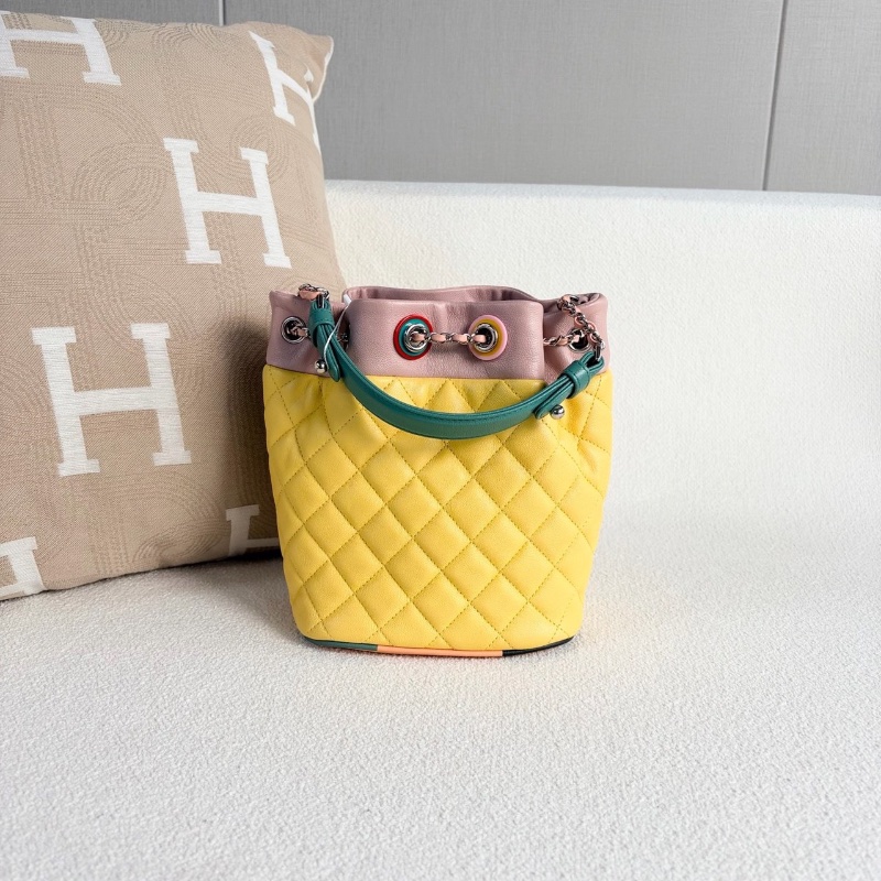 Chanel 拼色抽繩水桶包 牛皮 銀扣16*20*12 99新肩帶塵袋-8