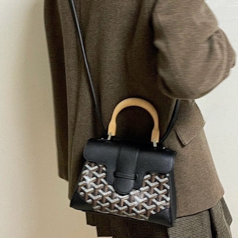 Goyard 黑色老花mini saigon木柄西貢包 20*15  98新配件塵袋肩帶