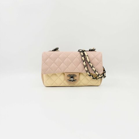 CHANEL - 粉色拼黃色雙拼霧銀釦羊皮菱格CF COCO ╻20cm