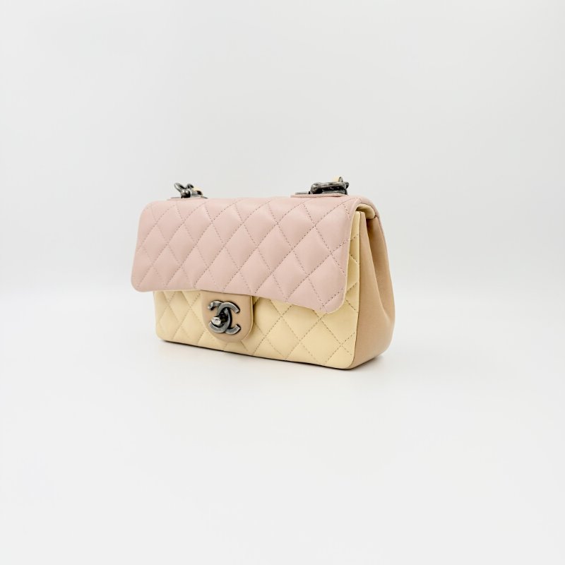 CHANEL - 粉色拼黃色雙拼霧銀釦羊皮菱格CF COCO ╻20cm-2