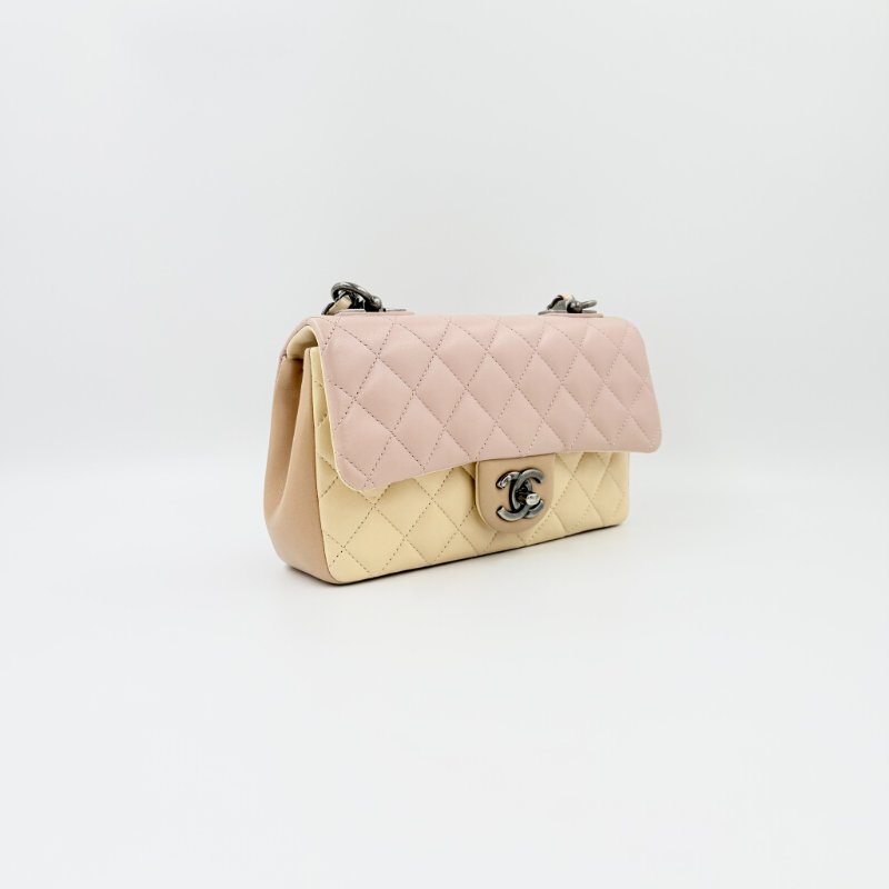 CHANEL - 粉色拼黃色雙拼霧銀釦羊皮菱格CF COCO ╻20cm-3