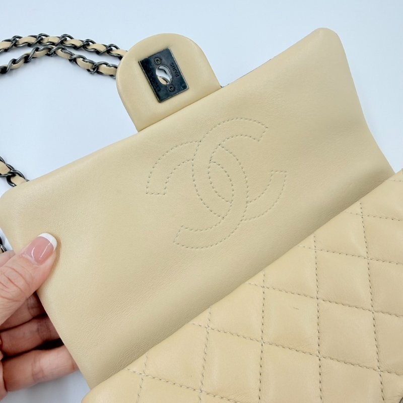 CHANEL - 粉色拼黃色雙拼霧銀釦羊皮菱格CF COCO ╻20cm-13