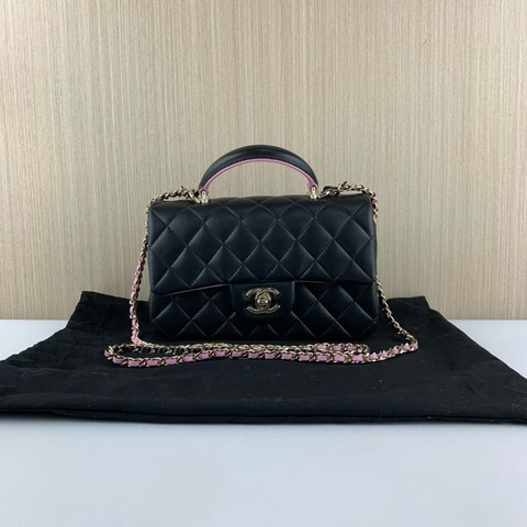 Chanel 黑金羊皮 黑拼淡紫色 手柄cf大mini鏈條包 芯片 12*20*6 98新配件塵袋購證
