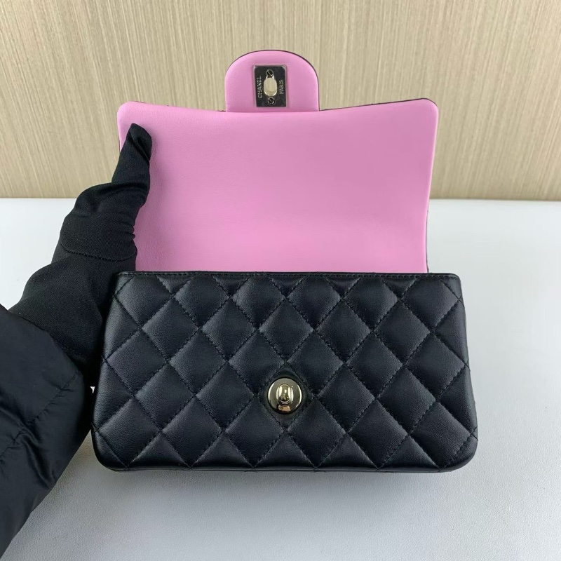 Chanel 黑金羊皮 黑拼淡紫色 手柄cf大mini鏈條包 芯片 12*20*6 98新配件塵袋購證-1