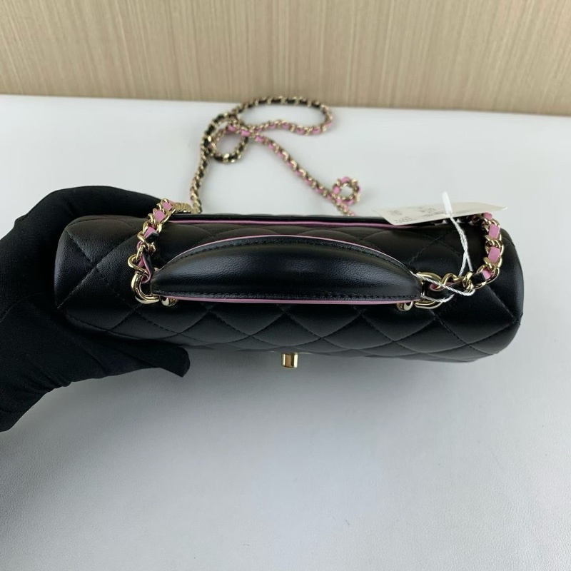 Chanel 黑金羊皮 黑拼淡紫色 手柄cf大mini鏈條包 芯片 12*20*6 98新配件塵袋購證-3
