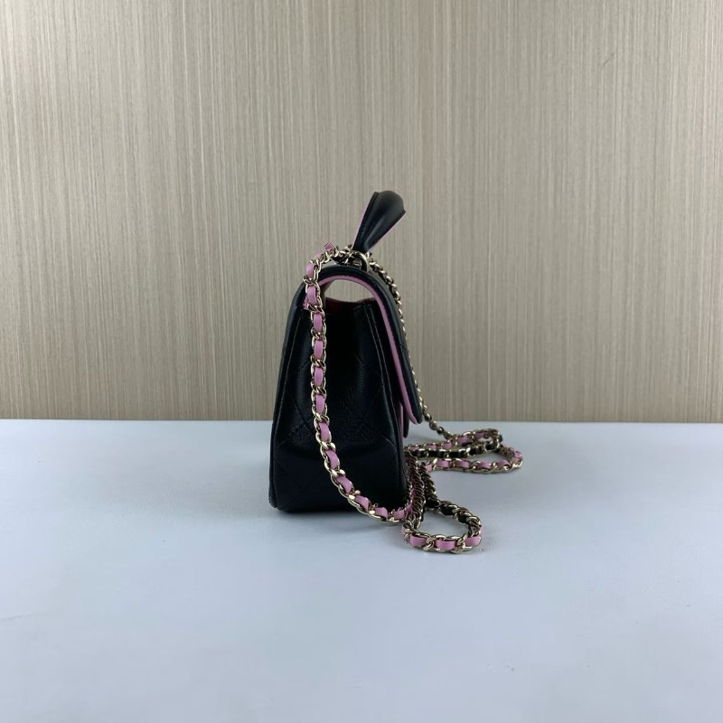 Chanel 黑金羊皮 黑拼淡紫色 手柄cf大mini鏈條包 芯片 12*20*6 98新配件塵袋購證-4