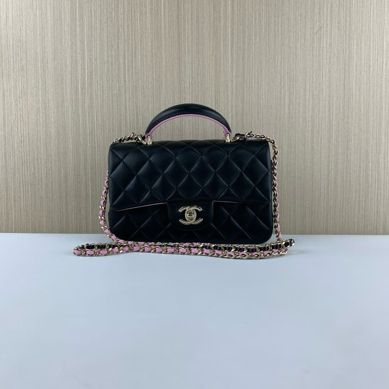 Chanel 黑金羊皮 黑拼淡紫色 手柄cf大mini鏈條包 芯片 12*20*6 98新配件塵袋購證-7