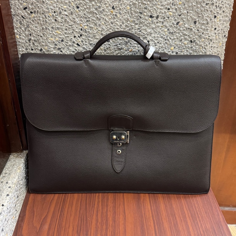 Hermes愛馬仕sac a depeche烏木色銀扣手提公文包,框M刻,TC皮-0