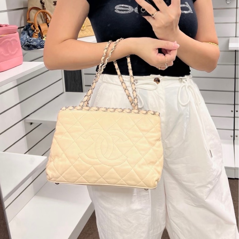 【92新 ✨ 全網最低價!】中古 Chanel香奈兒 櫻花粉色 牛皮托特鏈條包 手提包-2