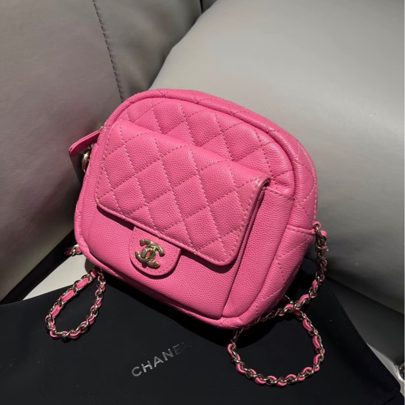 【97新 ✨ 全網最低價！】Chanel 香奈兒 粉色金扣 相機單肩斜挎包色 荔枝牛皮-7