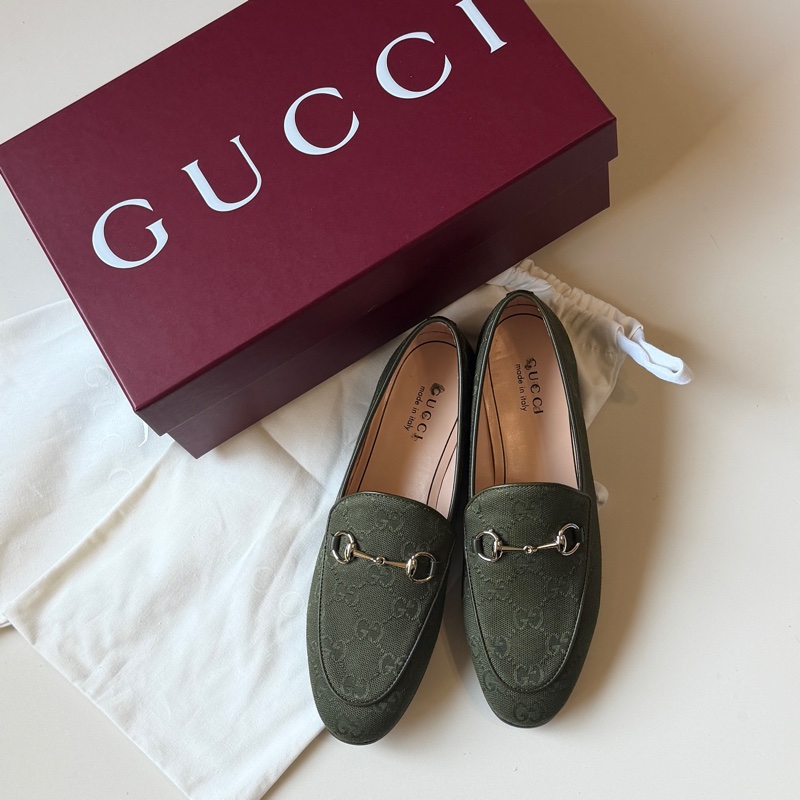 🧨過年優惠🧨 914intheair精品代購『全新閒置』古馳Gucci 馬銜釦GG綠色提花 樂福鞋 平底鞋 穆勒鞋38-0