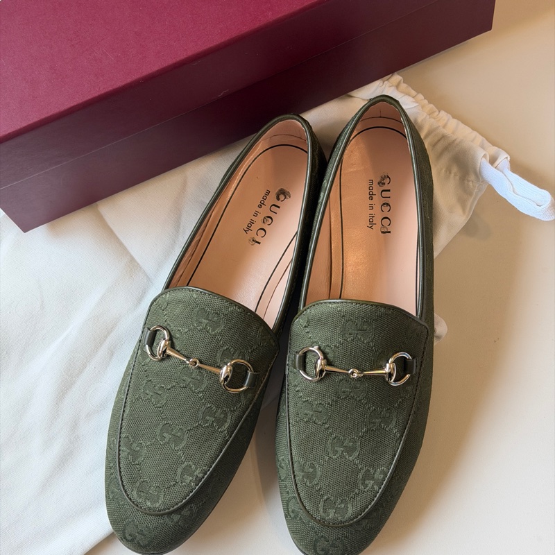 🧨過年優惠🧨 914intheair精品代購『全新閒置』古馳Gucci 馬銜釦GG綠色提花 樂福鞋 平底鞋 穆勒鞋38-1