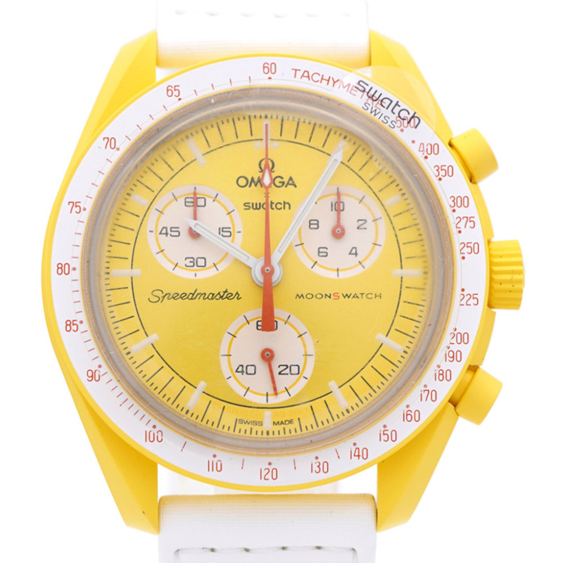 近新歐米茄 x Swatch 聯名款「太陽之旅」超霸系列 SO33J100 石英腕錶,尼龍錶帶搭配生物陶瓷錶殼,黃色,0030OMEGA S033J100,男士款-0