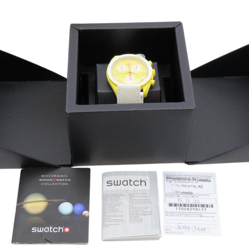 近新歐米茄 x Swatch 聯名款「太陽之旅」超霸系列 SO33J100 石英腕錶,尼龍錶帶搭配生物陶瓷錶殼,黃色,0030OMEGA S033J100,男士款-1
