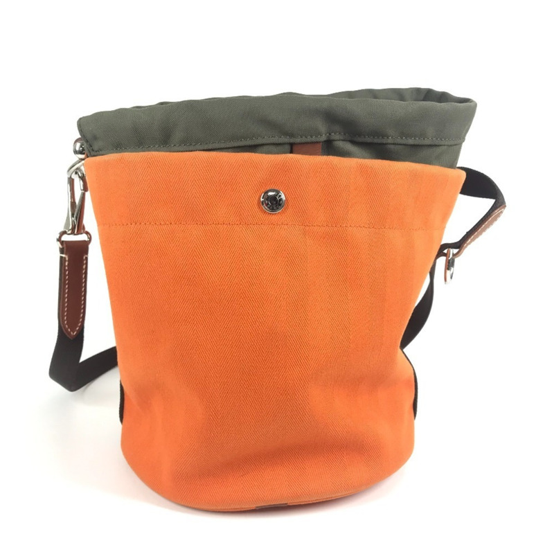 愛馬仕 Sac de Pansage 水桶形斜背包，帶小袋，棉質肩帶，男女通用，橙色-1